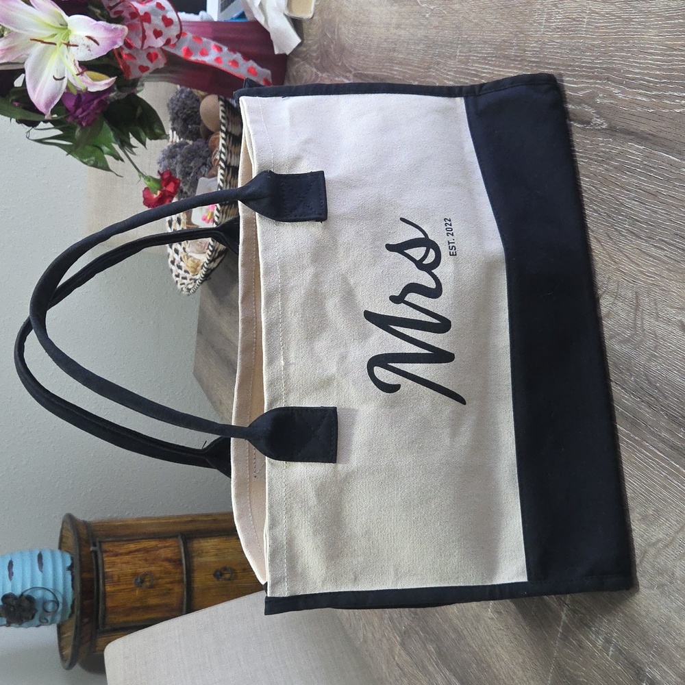 MRS. Married Est. 2022 Black and Cream Colorblock Canvas Tote Bag Bride Gift